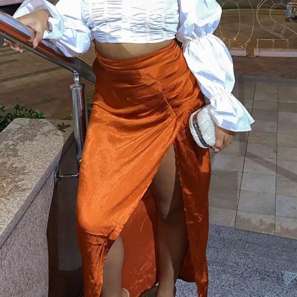 Orange front slit maxi skirt